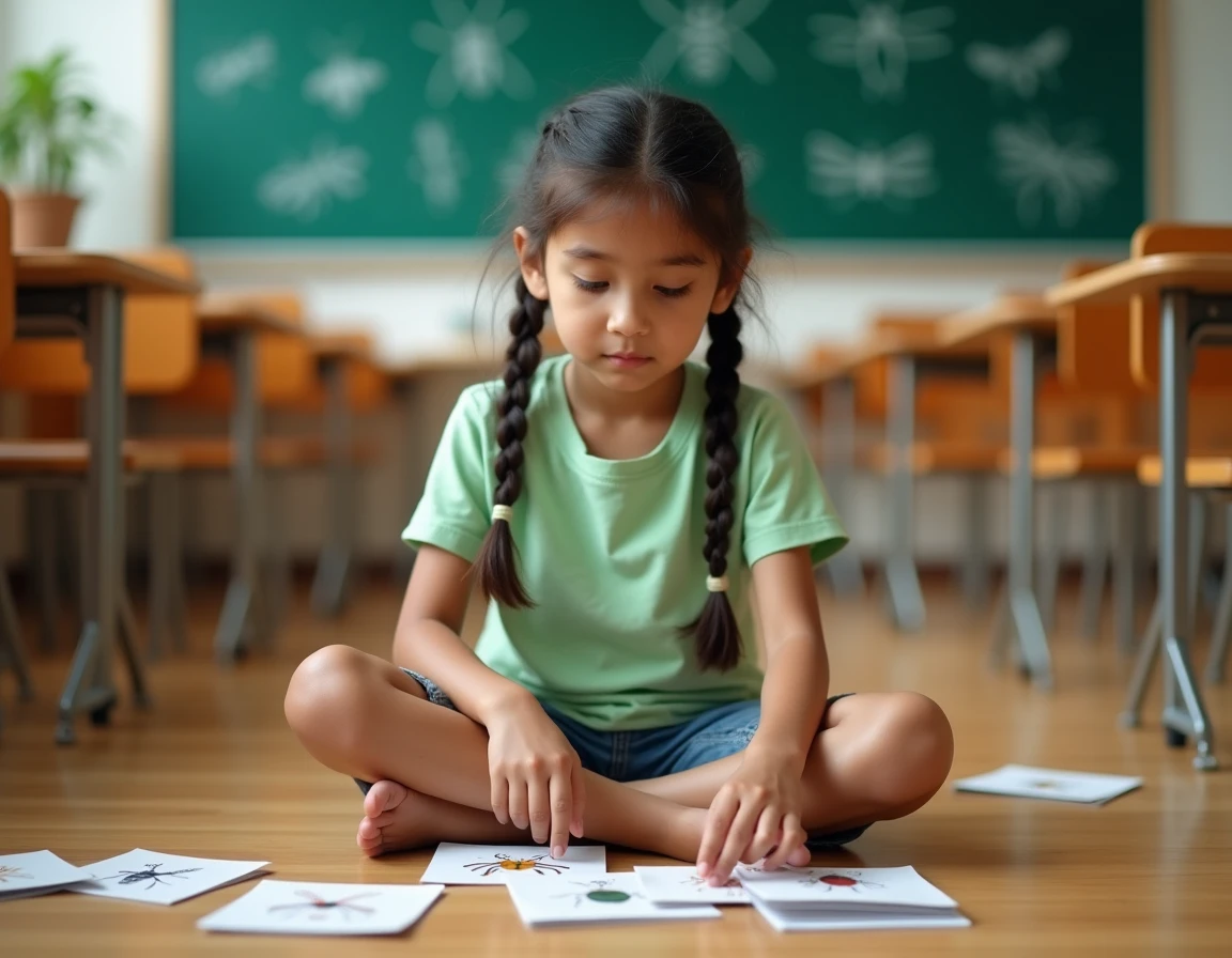 Jeune fille apprenant les noms des insectes avec des cartes illustrées dans une salle de classe