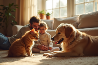 Famille heureuse avec chien et chat dans un salon lumineux