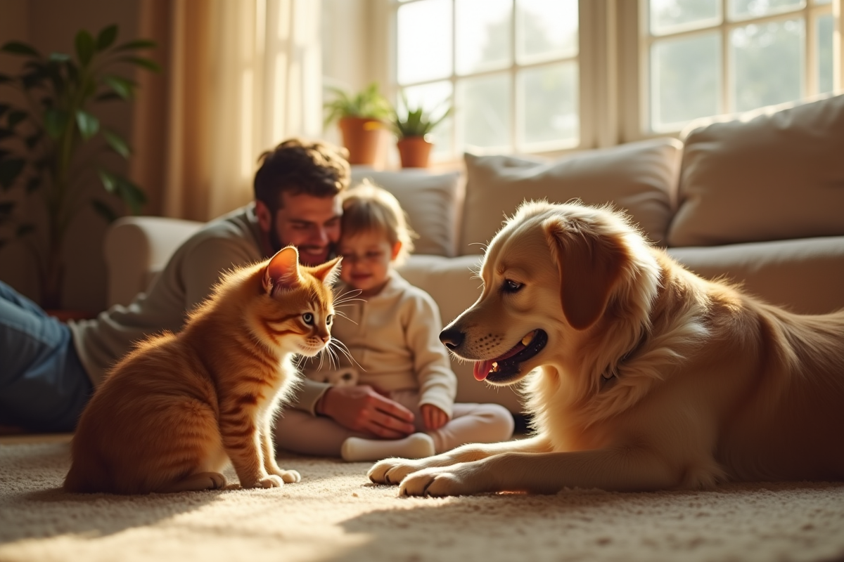 Famille heureuse avec chien et chat dans un salon lumineux