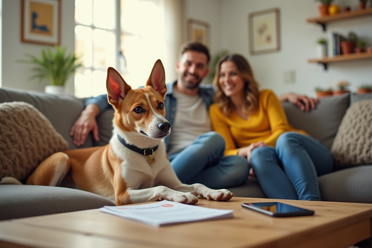 Famille détendue avec leur chien et assurance à la maison
