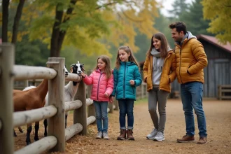 Famille avec enfants observant des chèvres dans le parc animalier Arche De Méo