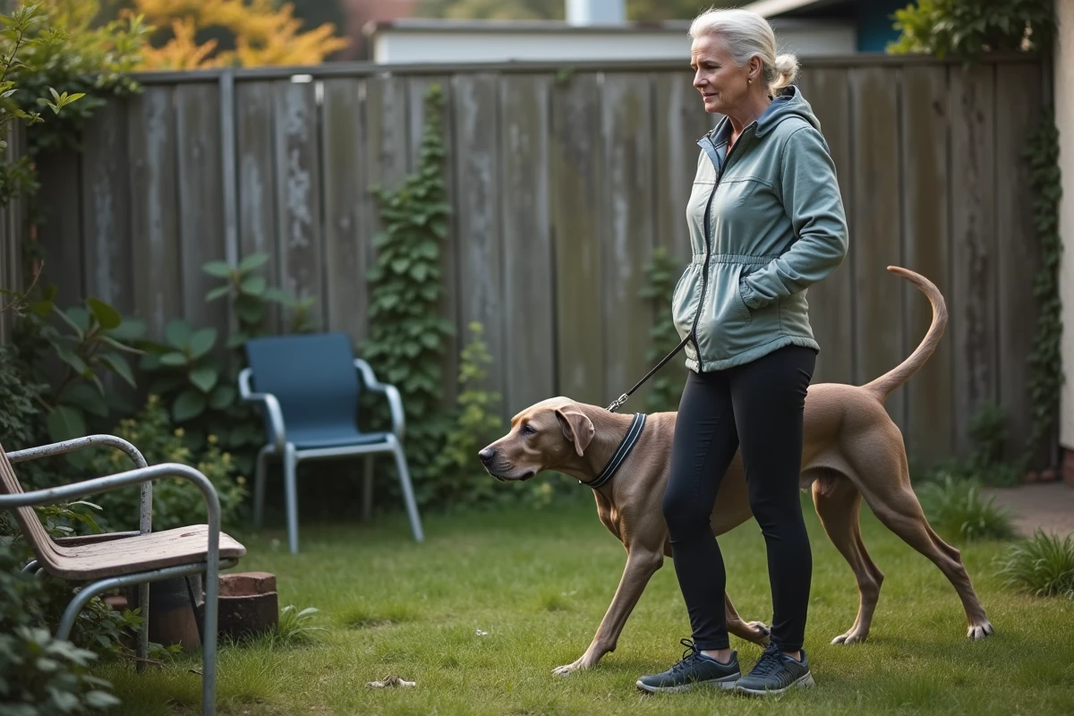 Femme en plein air observant un chien dans le jardin