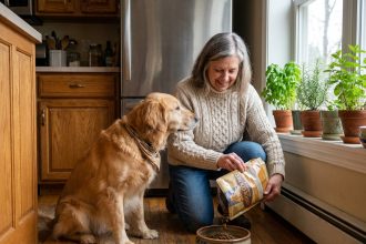 Femme âgée donnant des croquettes à un chien doré dans la cuisine