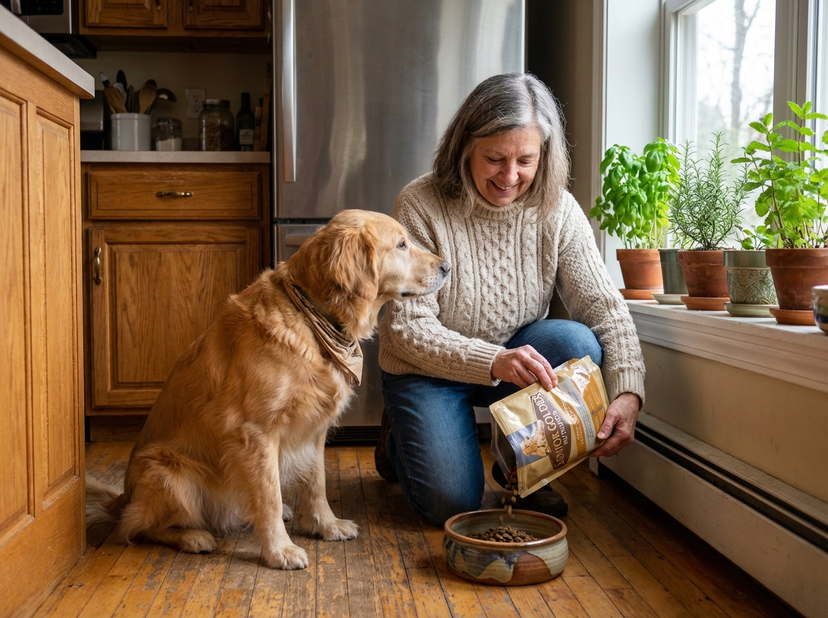 Femme âgée donnant des croquettes à un chien doré dans la cuisine