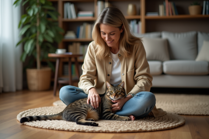 Femme assise près d un chat malade dans un salon chaleureux