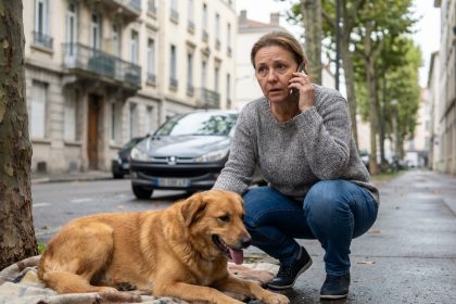 Femme anxieuse avec son chien dans la rue de SaintÉtienne
