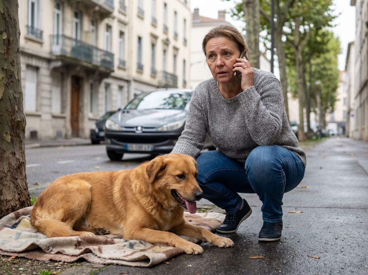 Femme anxieuse avec son chien dans la rue de SaintÉtienne