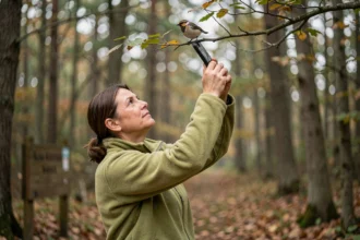 Femme utilisant une application de reconnaissance d'oiseaux sur smartphone en forêt