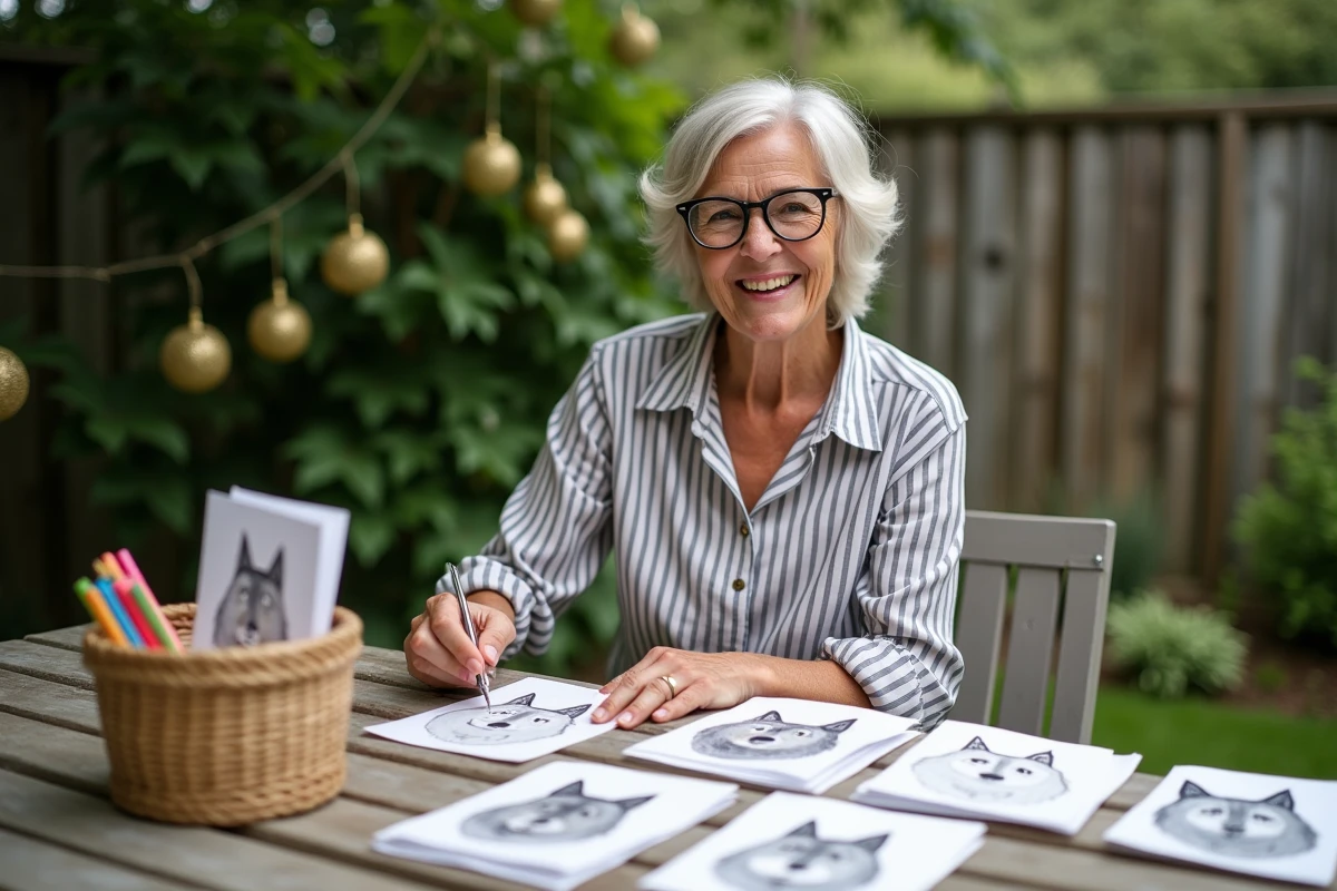 Femme créant des cartes d anniversaire avec dessins de loup