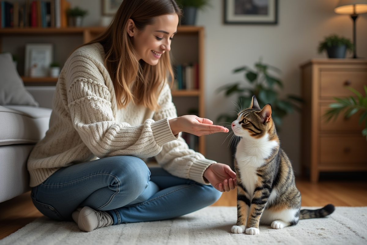 Femme assise calmement avec un chat tabby hissant la patte