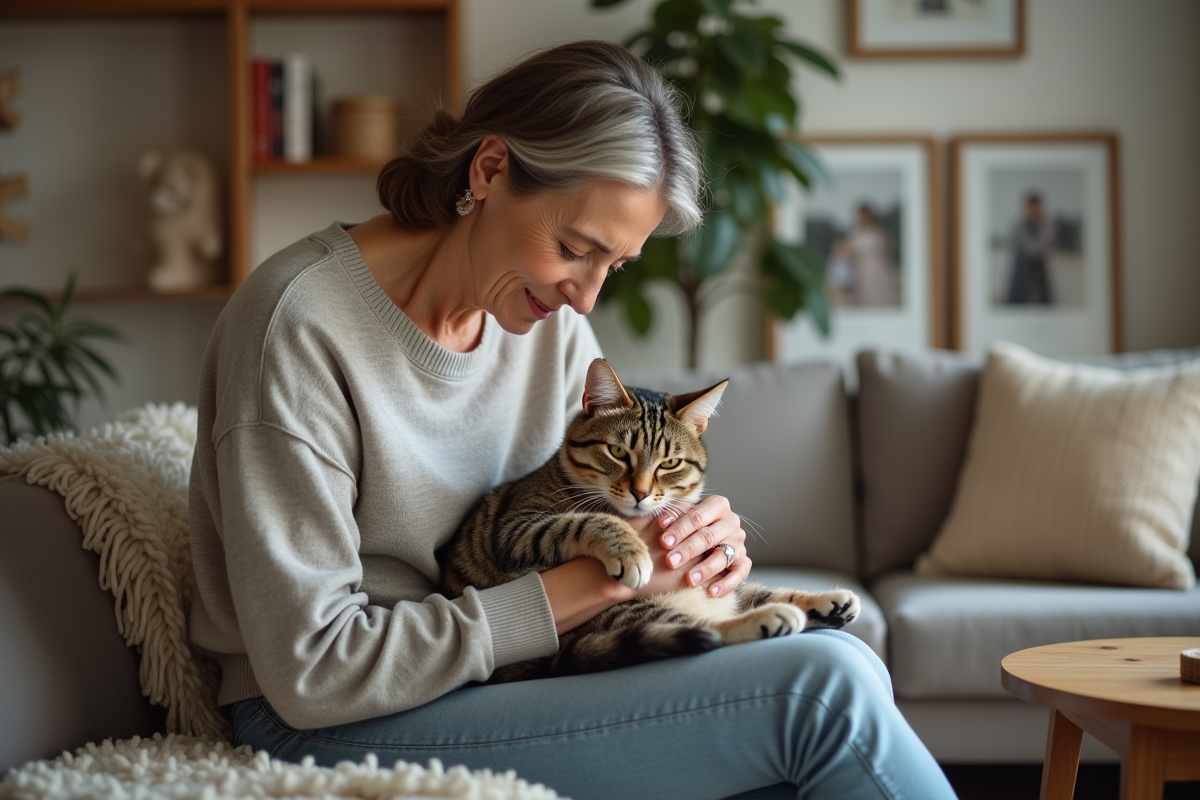 Femme caressant un chat tigré dans un salon chaleureux