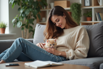 Jeune femme caressant un chaton crème avant un départ