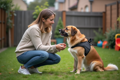 Femme calme avec chien en jardin domestique