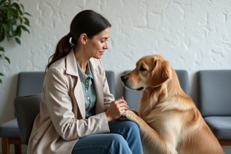 Femme caressant son chien golden retriever dans la salle d'attente