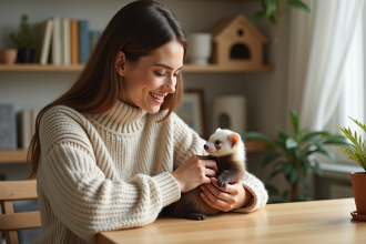 Jeune femme avec un ferret dans ses mains à la maison