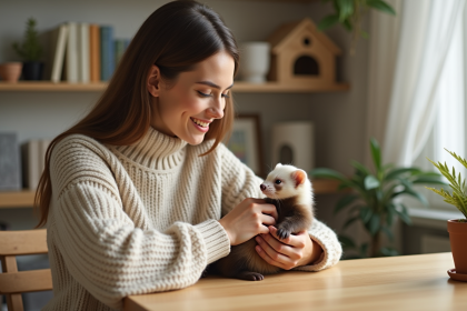Jeune femme avec un ferret dans ses mains à la maison