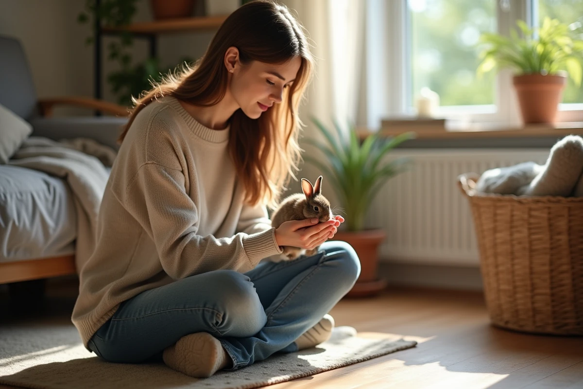 Femme tenant un petit lapin dans son salon chaleureux
