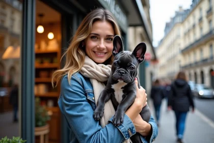 Jeune femme avec un chiot bulldog français à Paris