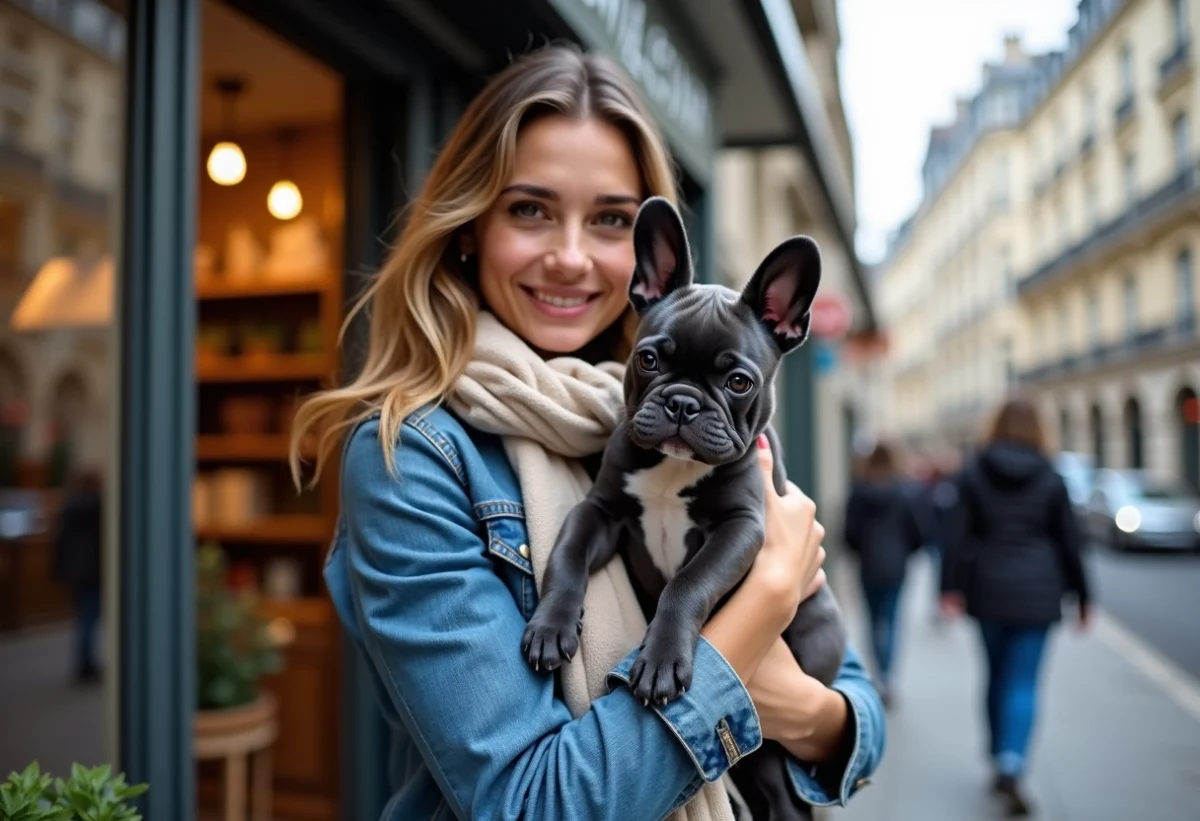 Jeune femme avec un chiot bulldog français à Paris