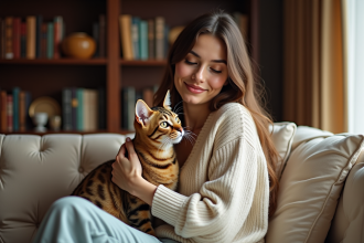 Jeune femme avec chat Bengal dans un salon élégant