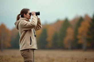 Femme birdwatcher utilisant des jumelles pour observer les oiseaux en lisière de forêt en automne