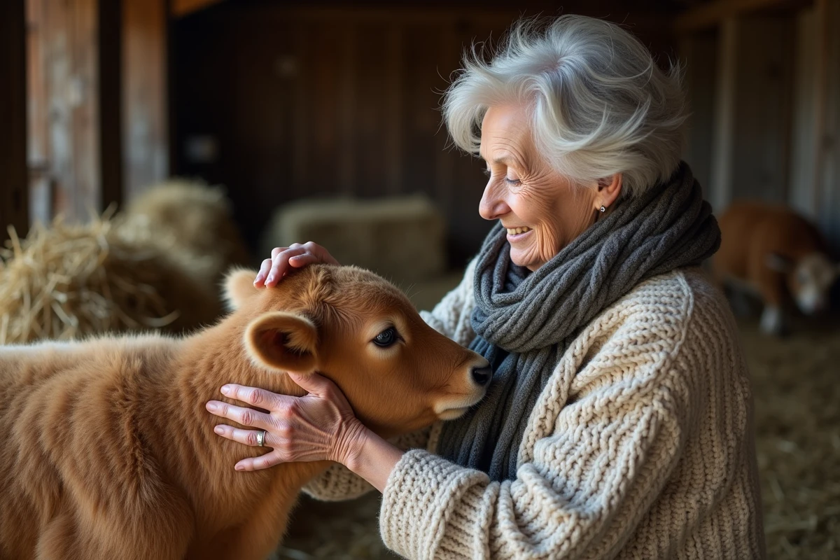 Femme âgée brossant une mini vache dans une grange chaleureuse