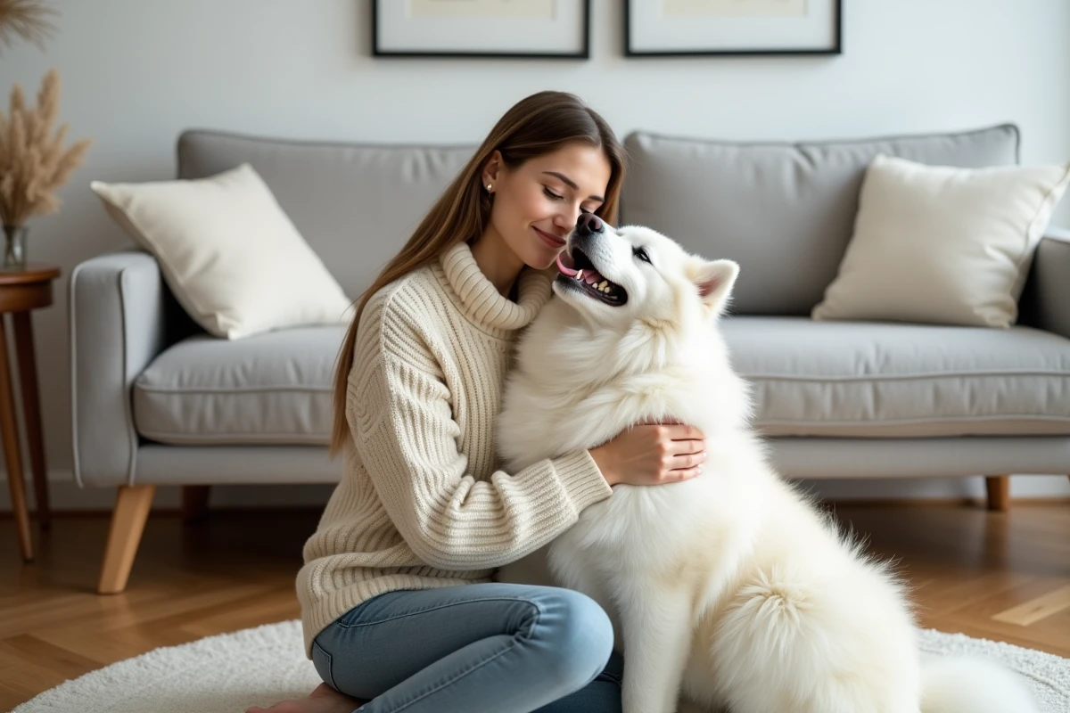 Femme câlinant un Samoyède au pelage blanc et abondant dans un intérieur scandinave cosy