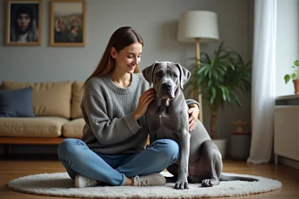 Jeune femme avec chien Cane Corso dans le salon