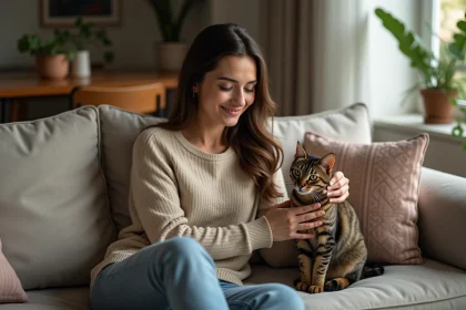 Femme détendue avec un chat egyptien mau dans un salon cosy