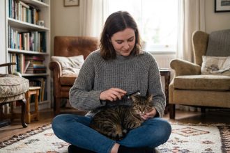 Jeune femme caressant un chat dans un salon chaleureux
