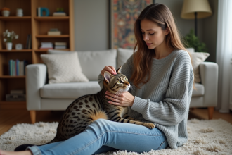 Jeune femme caressant un chat sur ses genoux dans un salon