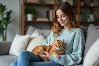 Jeune femme caressant un chat ginger dans un salon cosy
