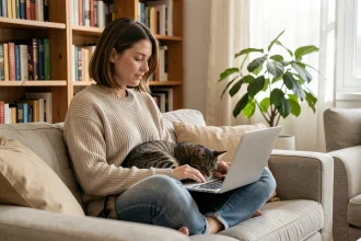 Femme assise sur un canapé avec un chat sur les genoux, naviguant sur un site dédié aux amateurs de chats depuis son ordinateur portable