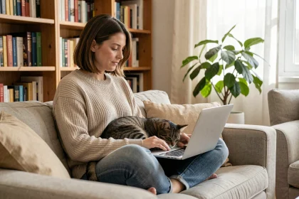 Femme assise sur un canapé avec un chat sur les genoux, naviguant sur un site dédié aux amateurs de chats depuis son ordinateur portable