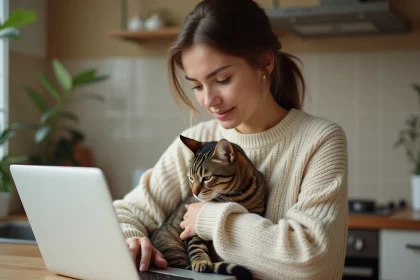 Femme tenant son chat dans les bras tout en recherchant une pilule contraceptive pour chat sur internet depuis son domicile