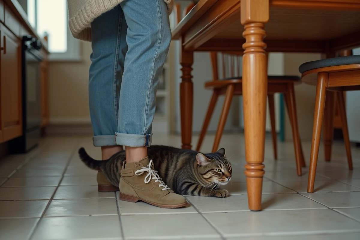 Femme et chat suivant une musaraigne sous la table