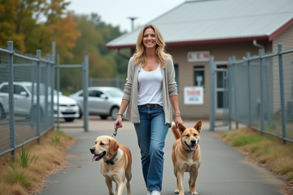 Femme avec son chien devant le refuge animalier