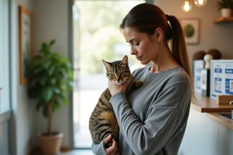 Femme tenant tendrement son chat dans les bras à l'entrée d'un refuge animalier avant de le confier à une association