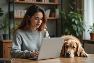 Femme consultant un magazine animalier en ligne avec son golden retriever à ses côtés dans un bureau à domicile