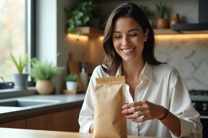 Femme lisant une étiquette de sac dans une cuisine moderne