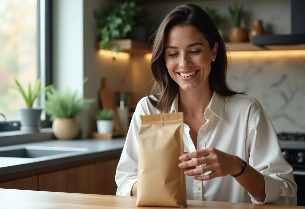 Femme lisant une étiquette de sac dans une cuisine moderne