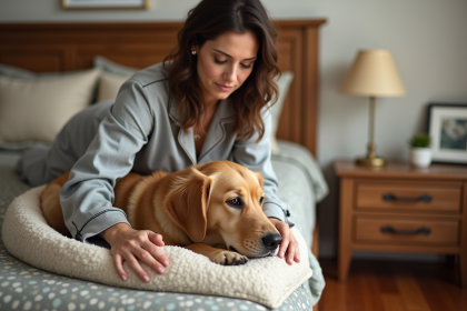 Femme en pyjama douce tute un chien doré dans son lit