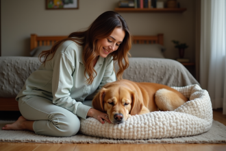 Femme en pyjama douceur tute un chien golden retriever