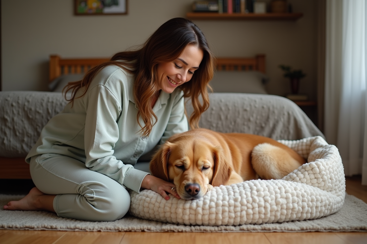 Femme en pyjama douceur tute un chien golden retriever
