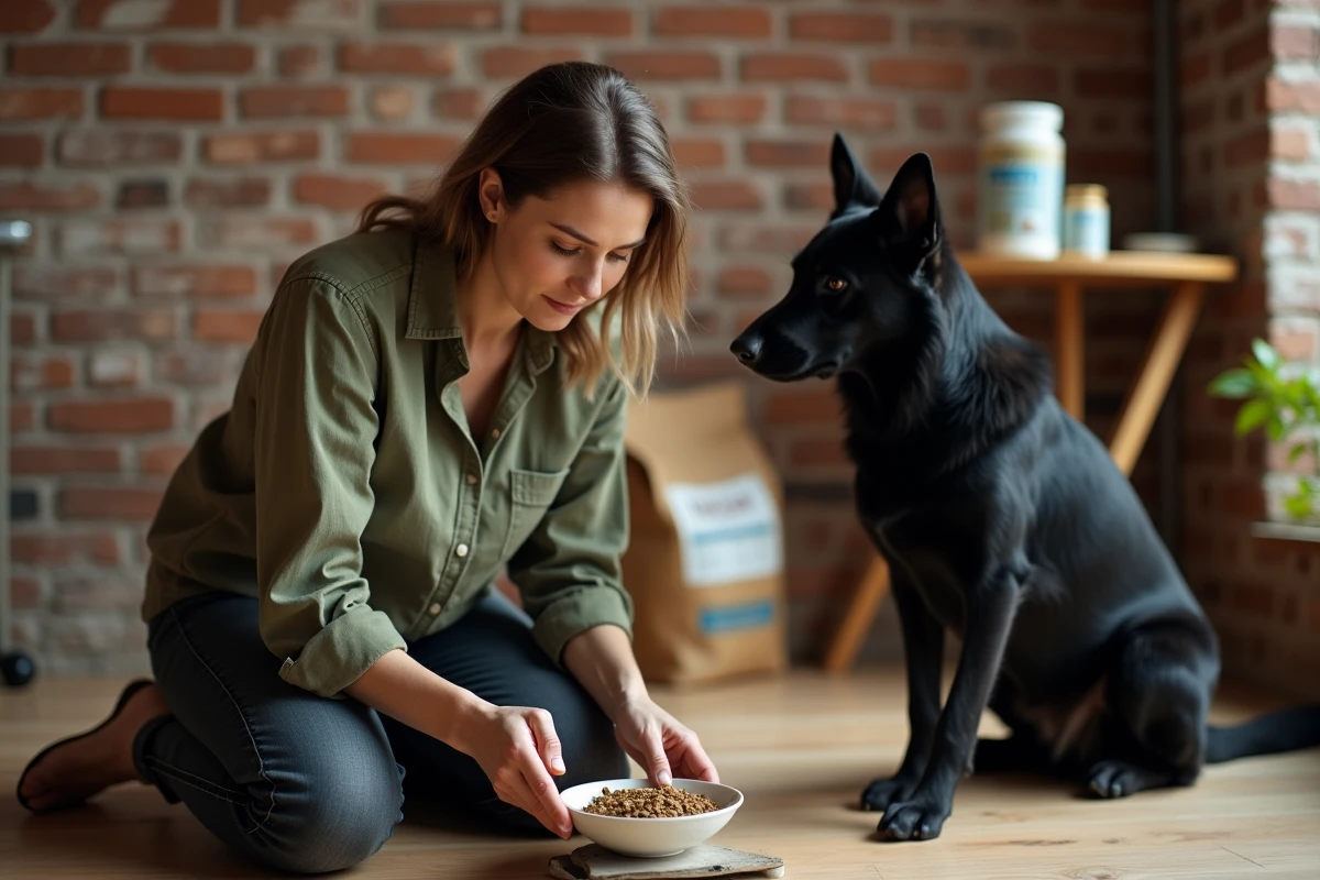 Femme dosant la nourriture de son berger allemand noir sensible avec une balance de cuisine