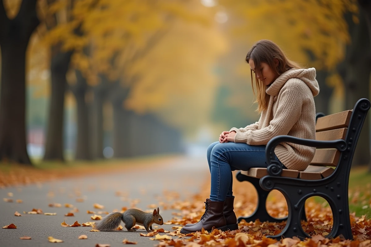Jeune femme assise sur un banc en bois dans un parc automnal observant un écureuil s'approcher de ses pieds parmi les feuilles