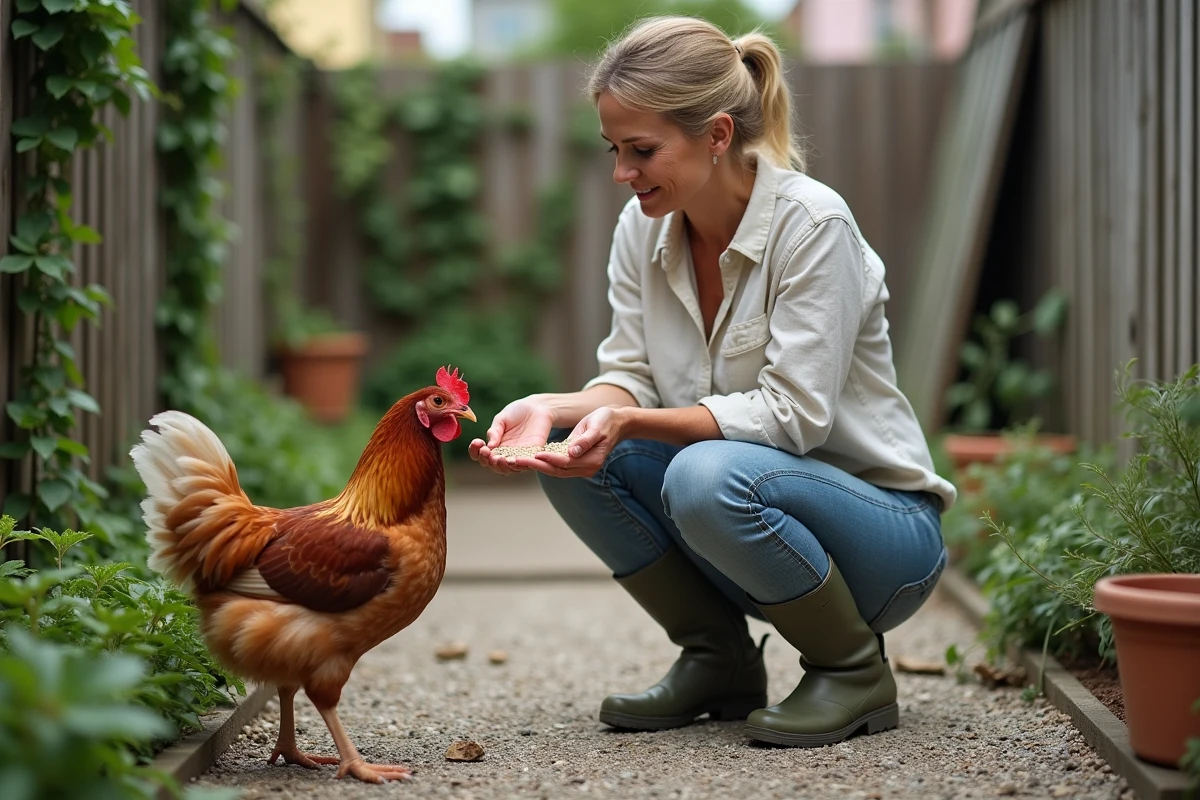 Femme donnant des grains à la main à une poule Plymouth Rock dans son jardin urbain, illustrant l'élevage de volailles en ville