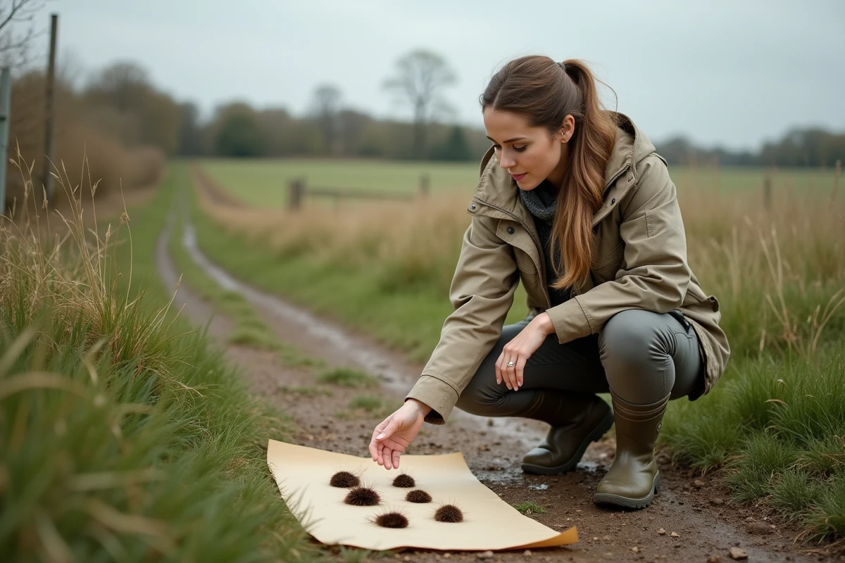 Femme pointant des échantillons de déjections dans un pré rural
