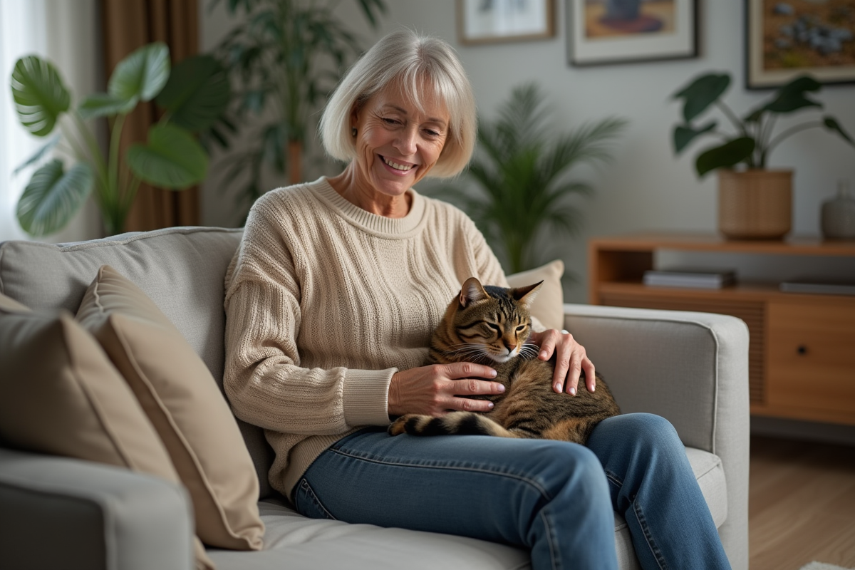 Femme caressant son chat sur le canapé à la maison