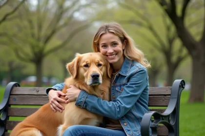 Femme souriante avec retriever dans un parc urbain